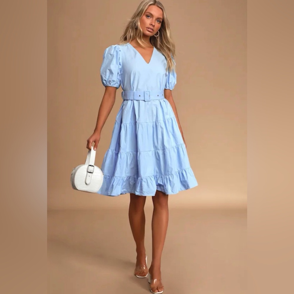 Light Blue Cotton Puff Sleeve Dress - Picture 2 of 3
